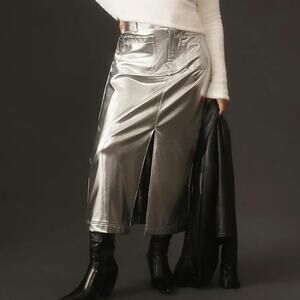 Anthropologie Shiny Silver Metallic Column Maxi Skirt XS Front Slit Futuristic